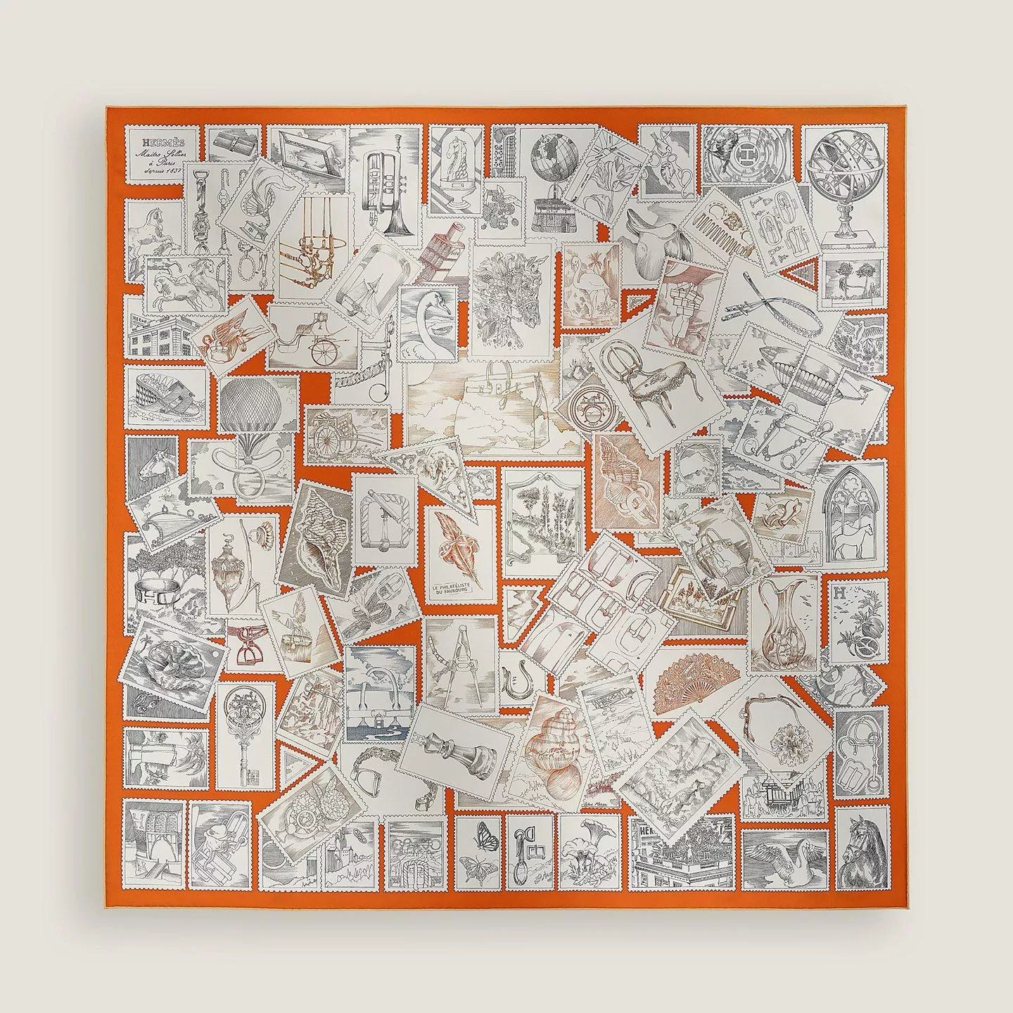 福寶集郵者90真絲方巾｜郵票拼貼印花絲巾｜90×90cm