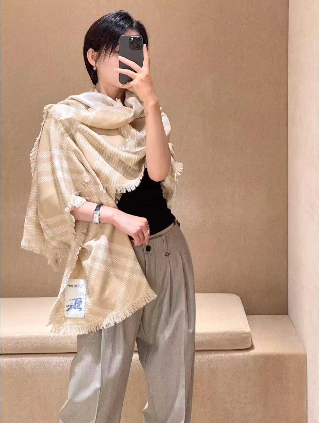 寬版格紋絲毛混紡圍巾｜卡其色披肩圍巾｜200×65cm