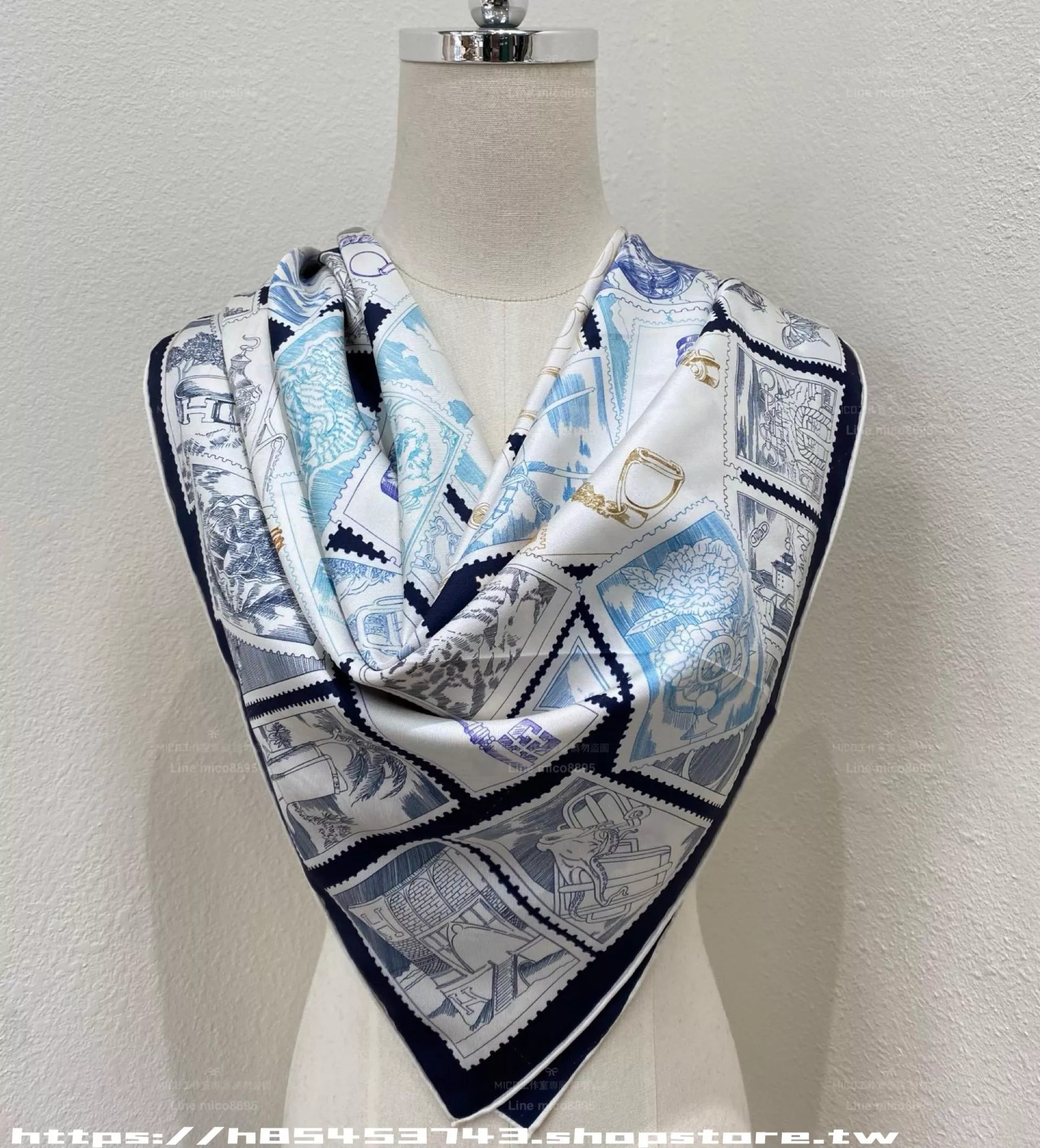 福寶集郵者90真絲方巾｜郵票拼貼印花絲巾｜90×90cm