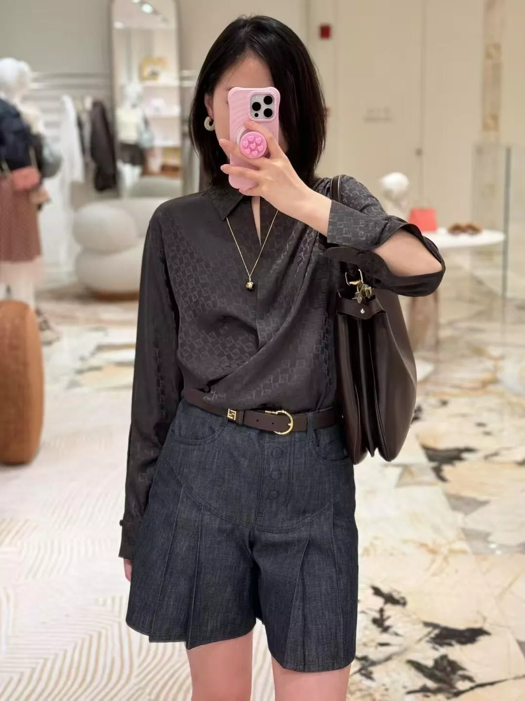Fendi  提花真絲翻領襯衫｜側扣設計｜綁帶收腰款｜36-42