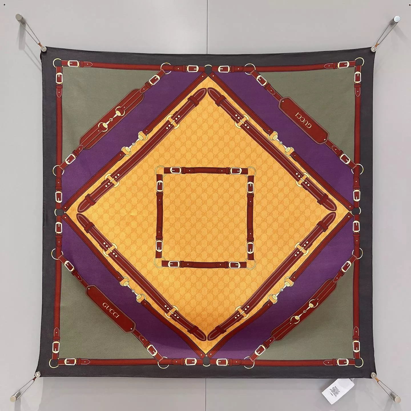 雙G圖案真絲方巾｜暗綠色 斜紋真絲絲巾｜90×90cm