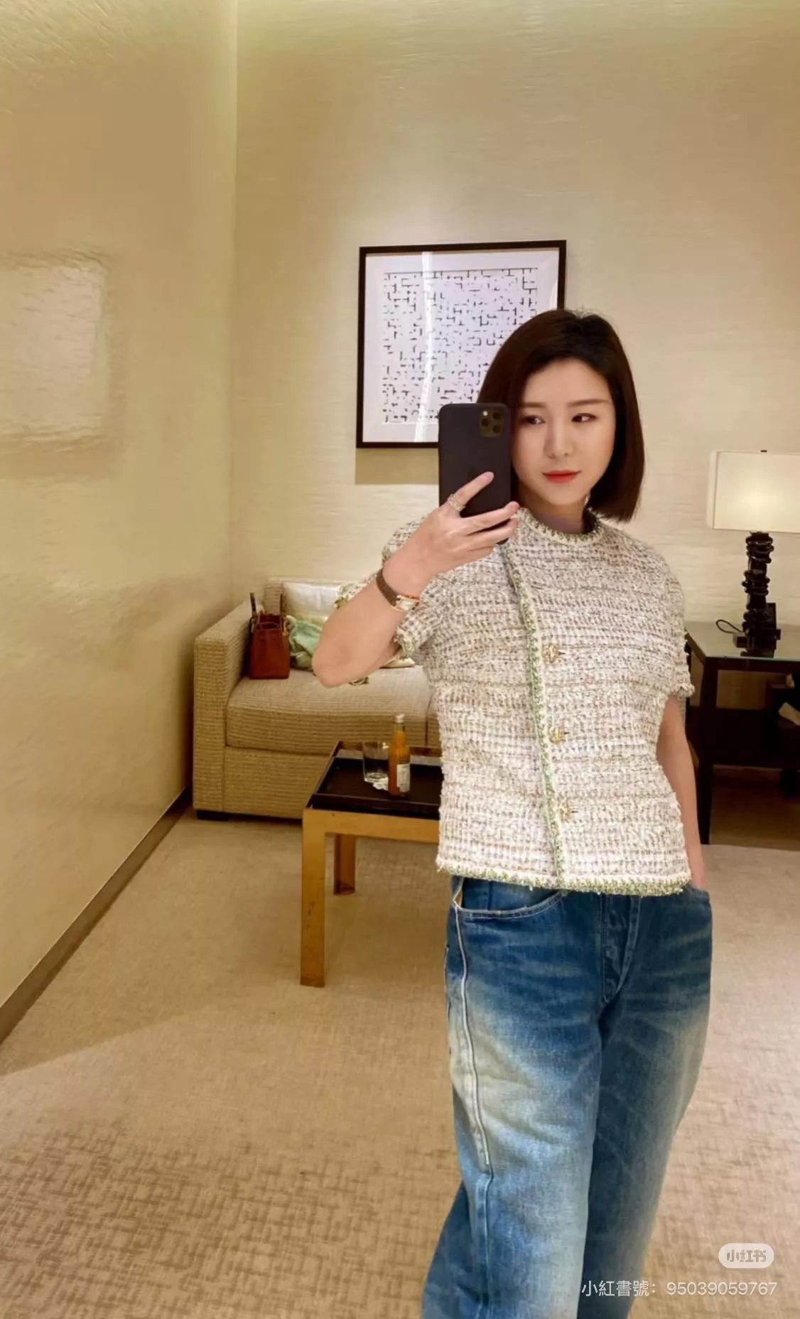 CHANEL 26C 織金粗花呢斜襟短袖上衣｜金扣設計｜短版上衣｜36／38／40