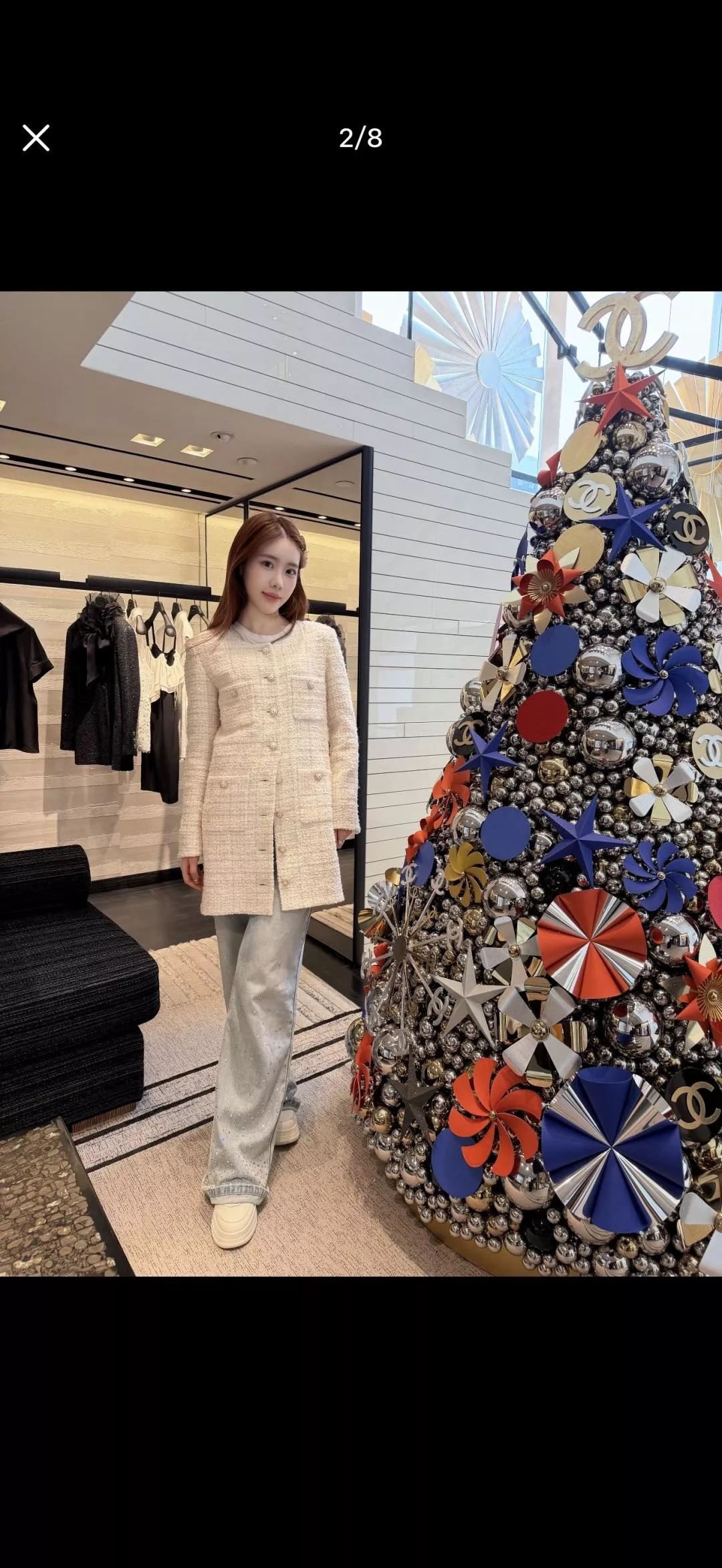 CHANEL 25K 米杏粗花呢長版外套｜珍珠感鈕扣設計｜長版上衣｜36／38／40