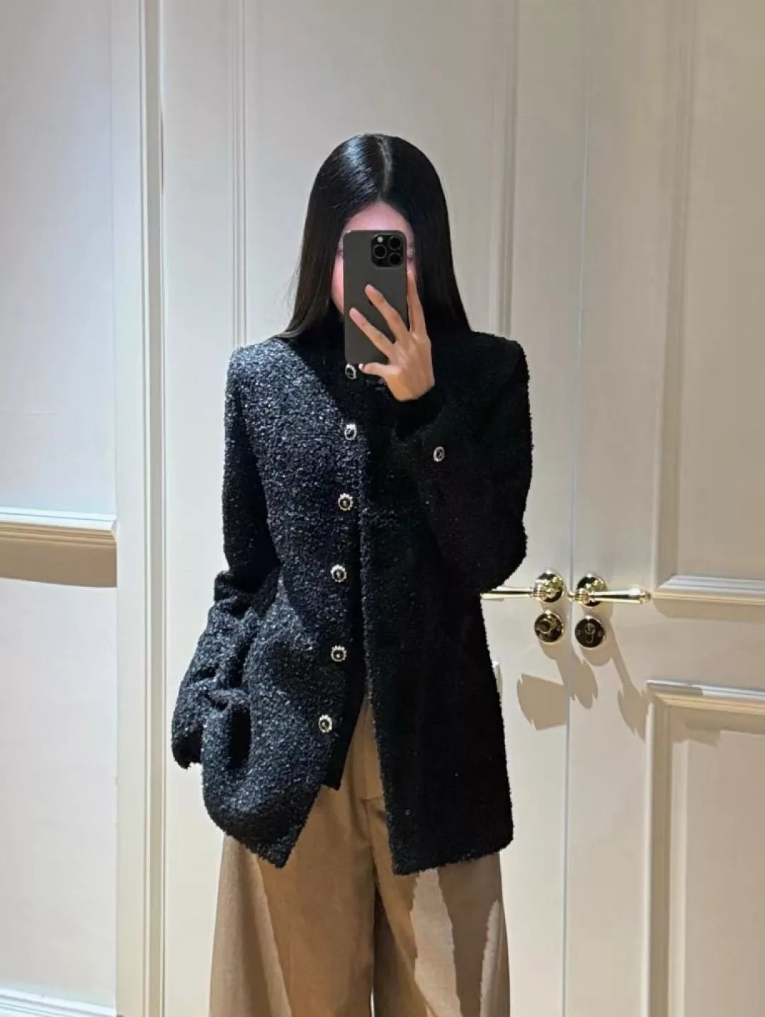 CHANEL 25K 黑色細閃長版外套｜收腰修身版型｜立領氣質外套｜36／38／40