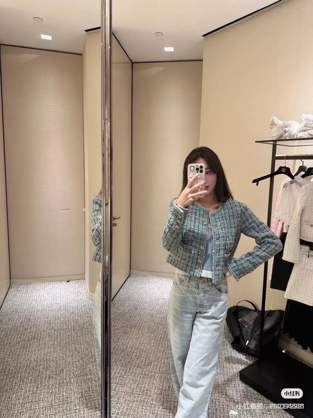 CHANEL 25A 孔雀藍格紋粗花呢短版外套｜編織滾邊設計｜圓領外套｜36／38／40