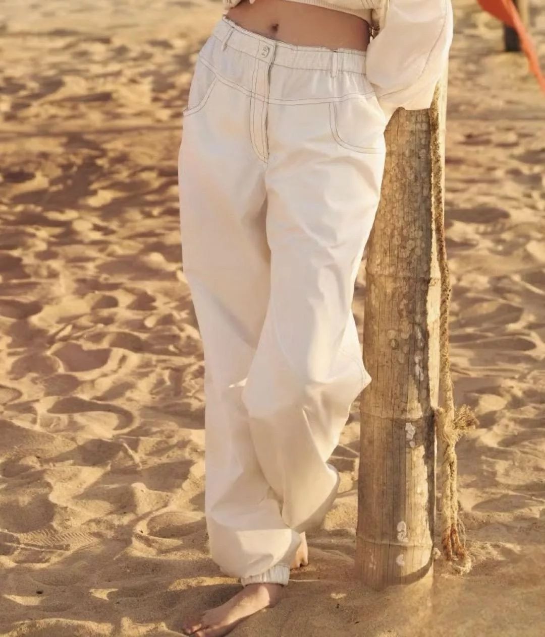 CHANEL 白色真絲休閒長褲｜鬆緊高腰束口褲｜輕運動風長褲｜36／38／40