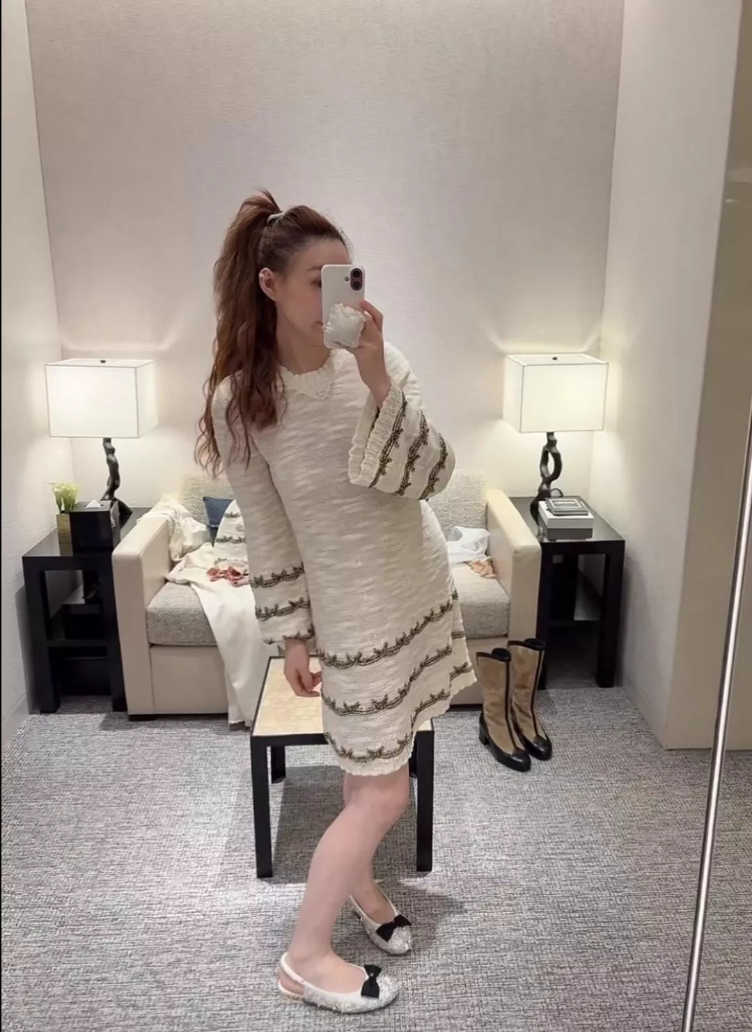 CHANEL 金絲線針織連衣裙｜波浪邊設計｜彈力真絲內襯｜黑色／米白｜36／38／40