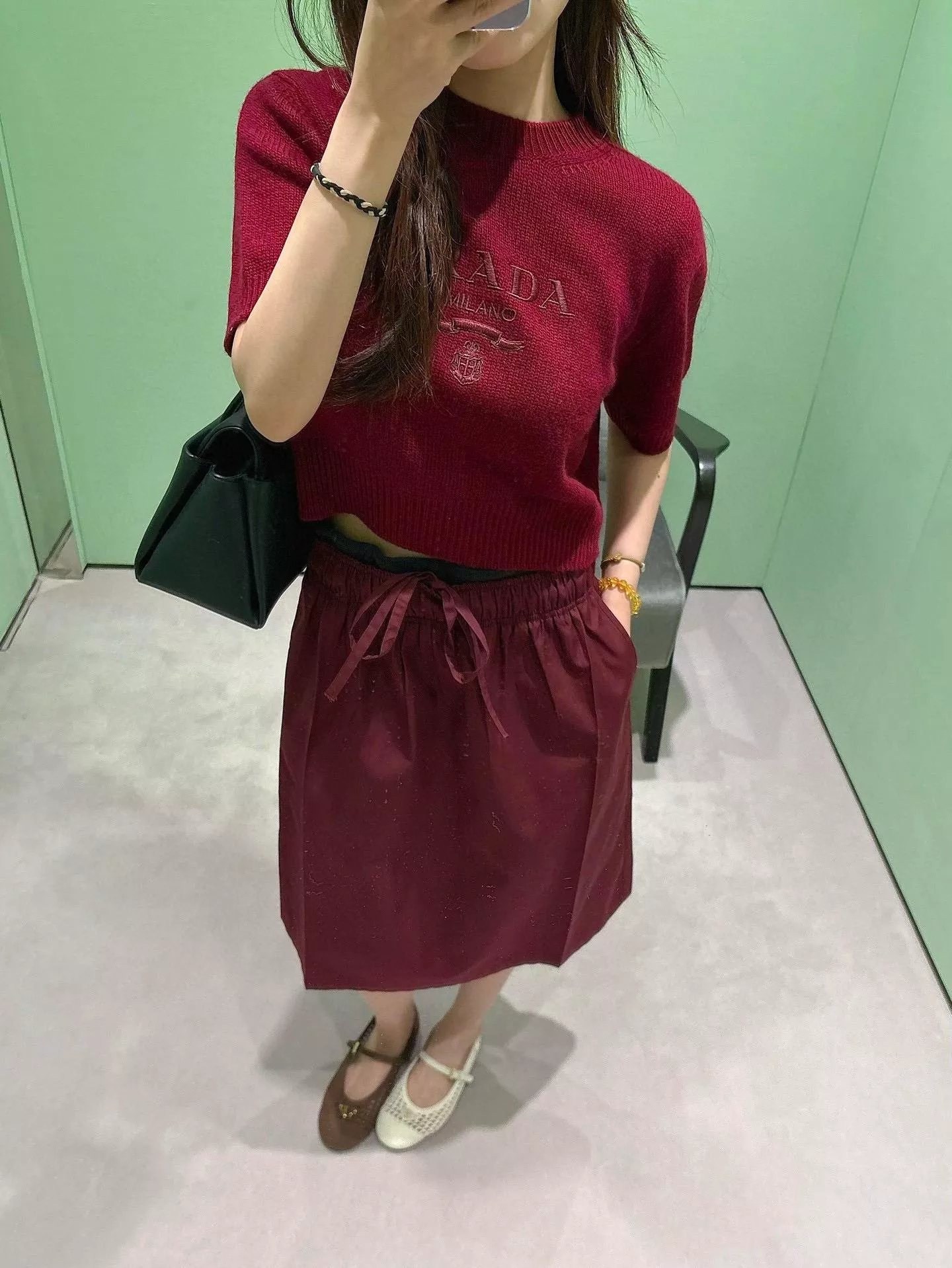 PRADA 刺繡徽標短袖針織上衣｜羊毛混紡針織短版上衣｜36／38／40