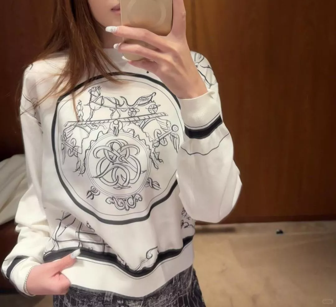 Hermes 黑白馬車印花真絲拼針織上衣｜復古圖騰長袖針織上衣 36 / 38 / 40 / 42