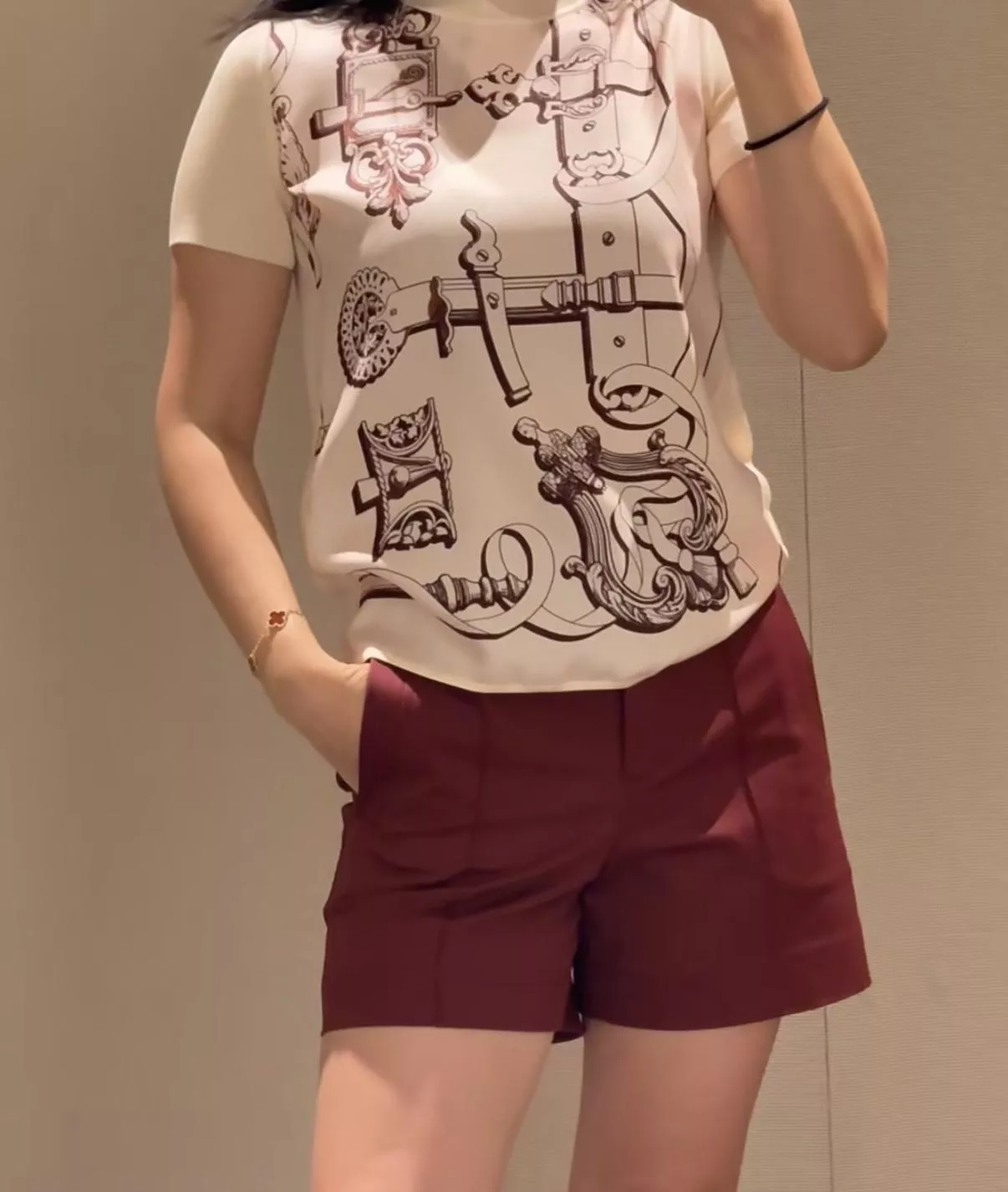 Hermes 鎖頭圖騰印花真絲拼針織短袖上衣｜復古馬術印花上衣 36 / 38 / 40 / 42