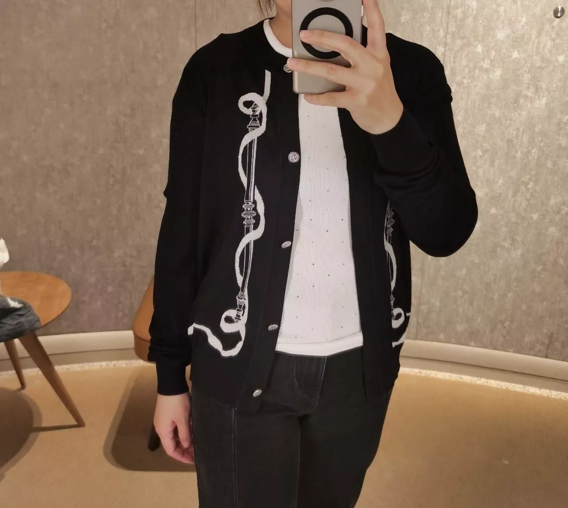 Hermes 黑白波浪圖騰羊毛針織開衫｜鎖鏈圖騰長袖針織外套 36 / 38 / 40 / 42