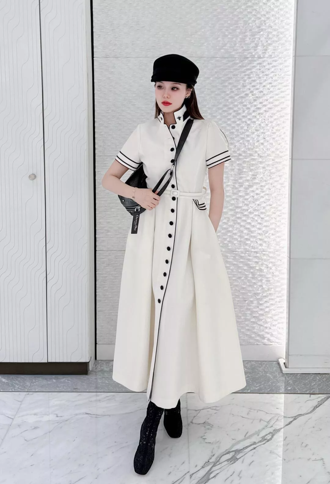 DIOR 海軍風立領收腰長洋裝｜黑白拼邊羊毛立體剪裁連衣裙 36 / 38 / 40 / 42