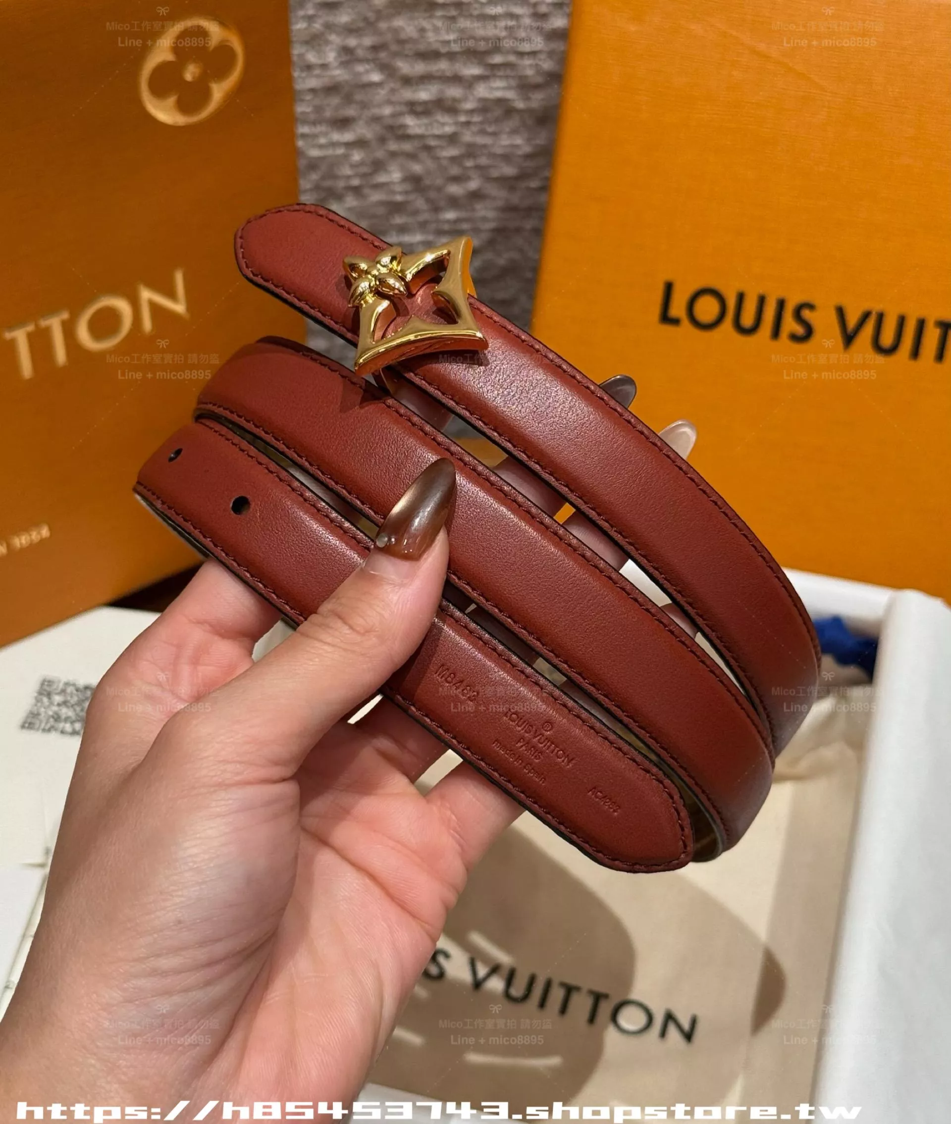 （酒紅）20mm Flowergram 花扣雙面皮帶｜帆布壓紋牛皮腰帶