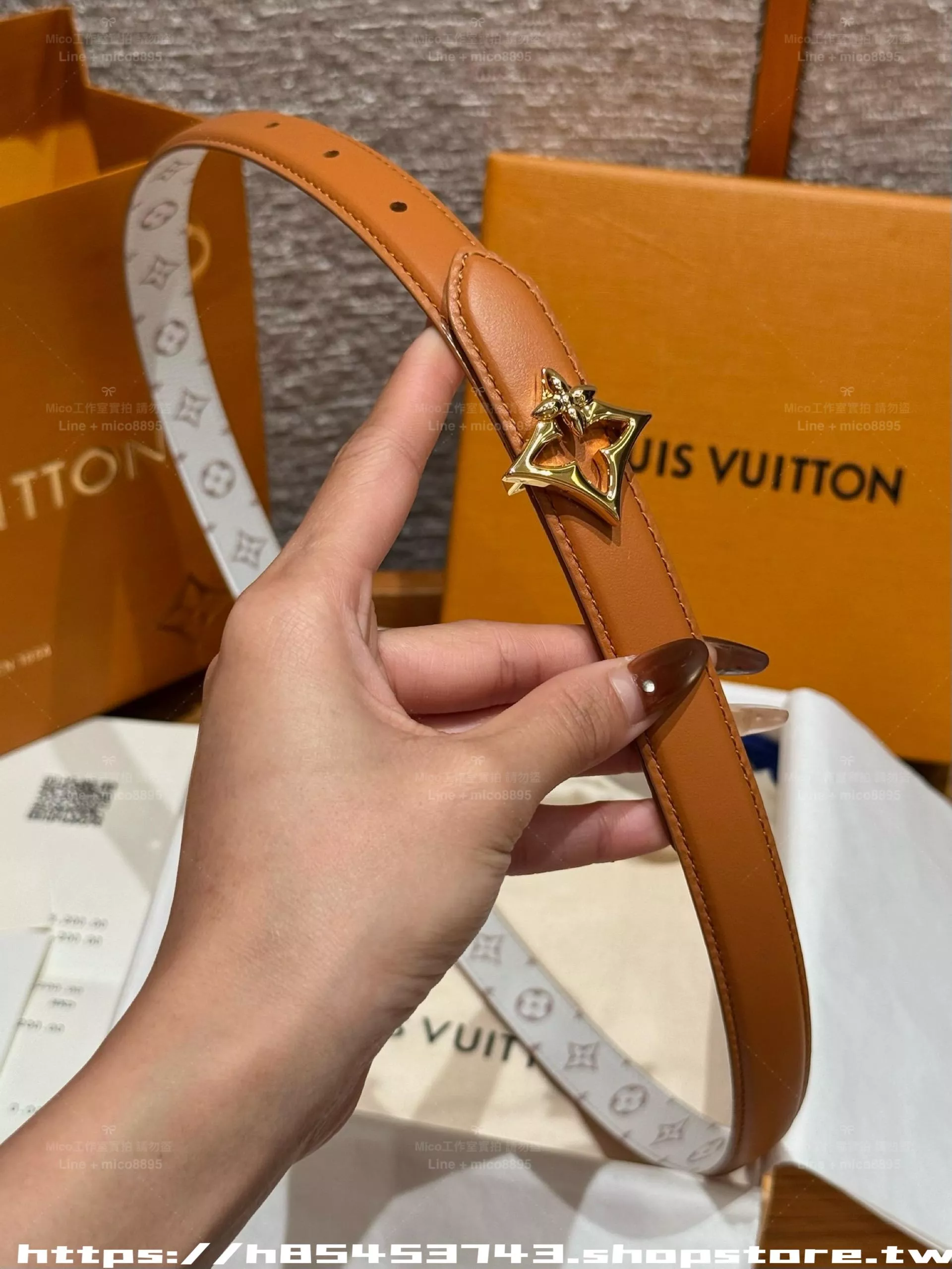 （焦糖色）20mm Flowergram 花扣雙面皮帶｜帆布壓紋牛皮腰帶