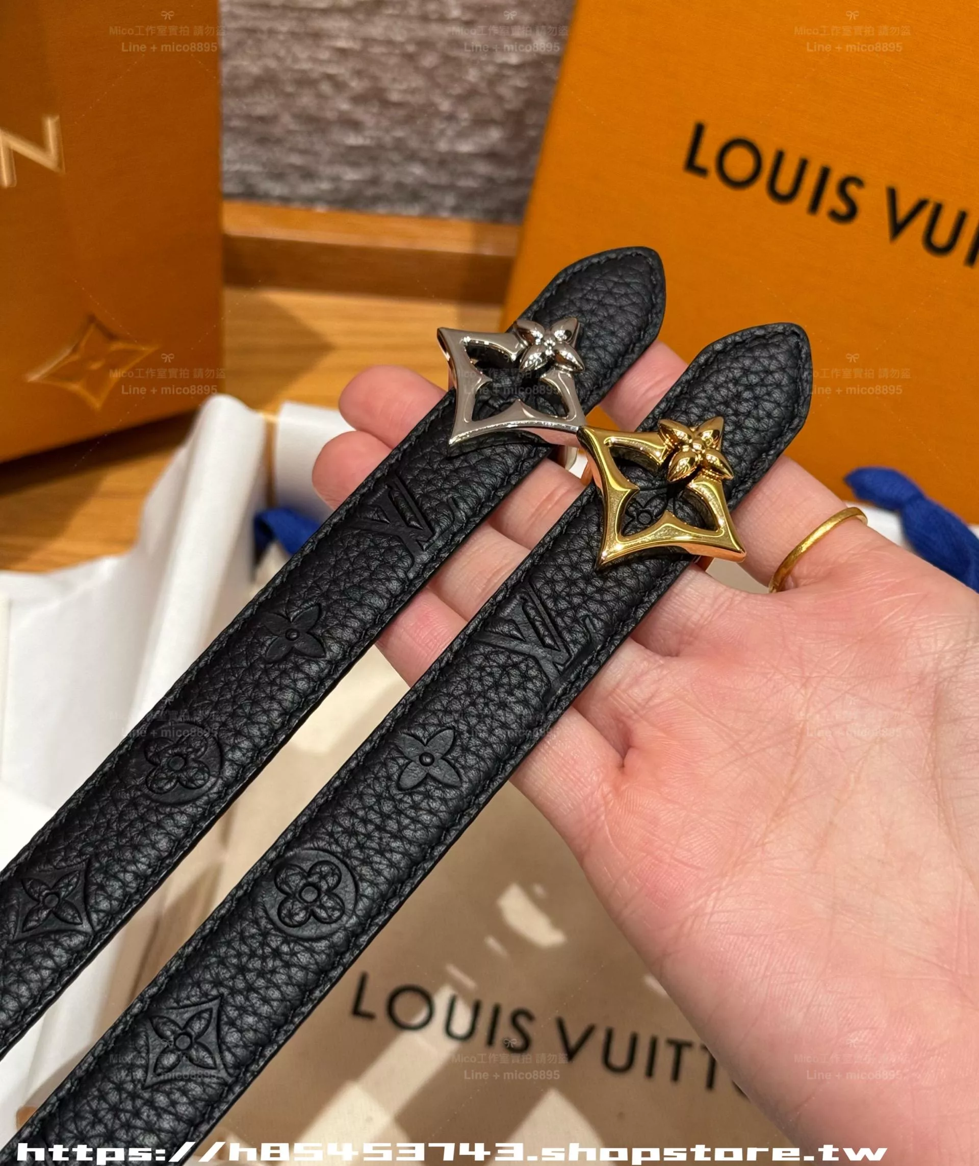 （黑色）20mm Flowergram 花扣雙面皮帶｜帆布壓紋牛皮腰帶