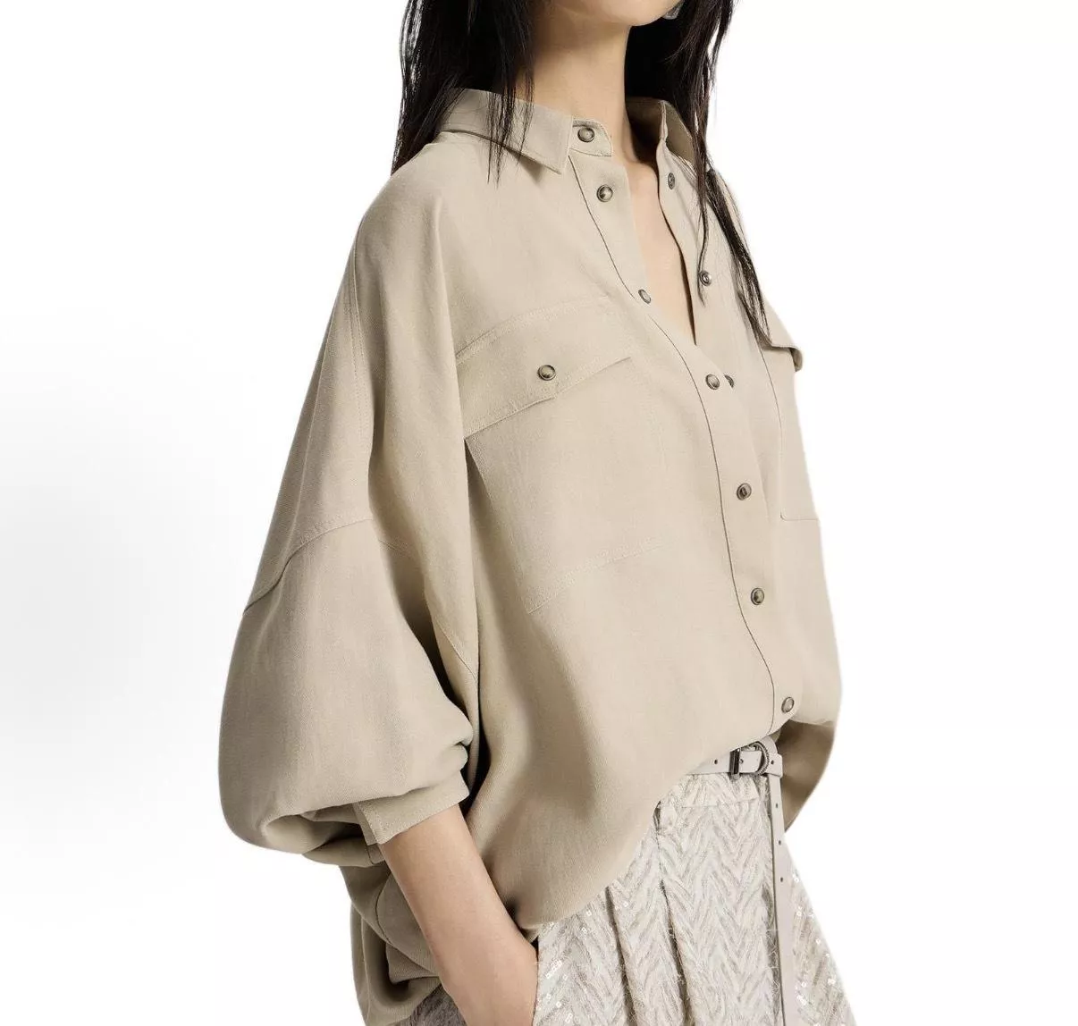 Brunello Cucinelli BC 亞麻混紡抽繩襯衫外套｜寬鬆落肩版型｜卡其色日常襯衫｜36／38／40