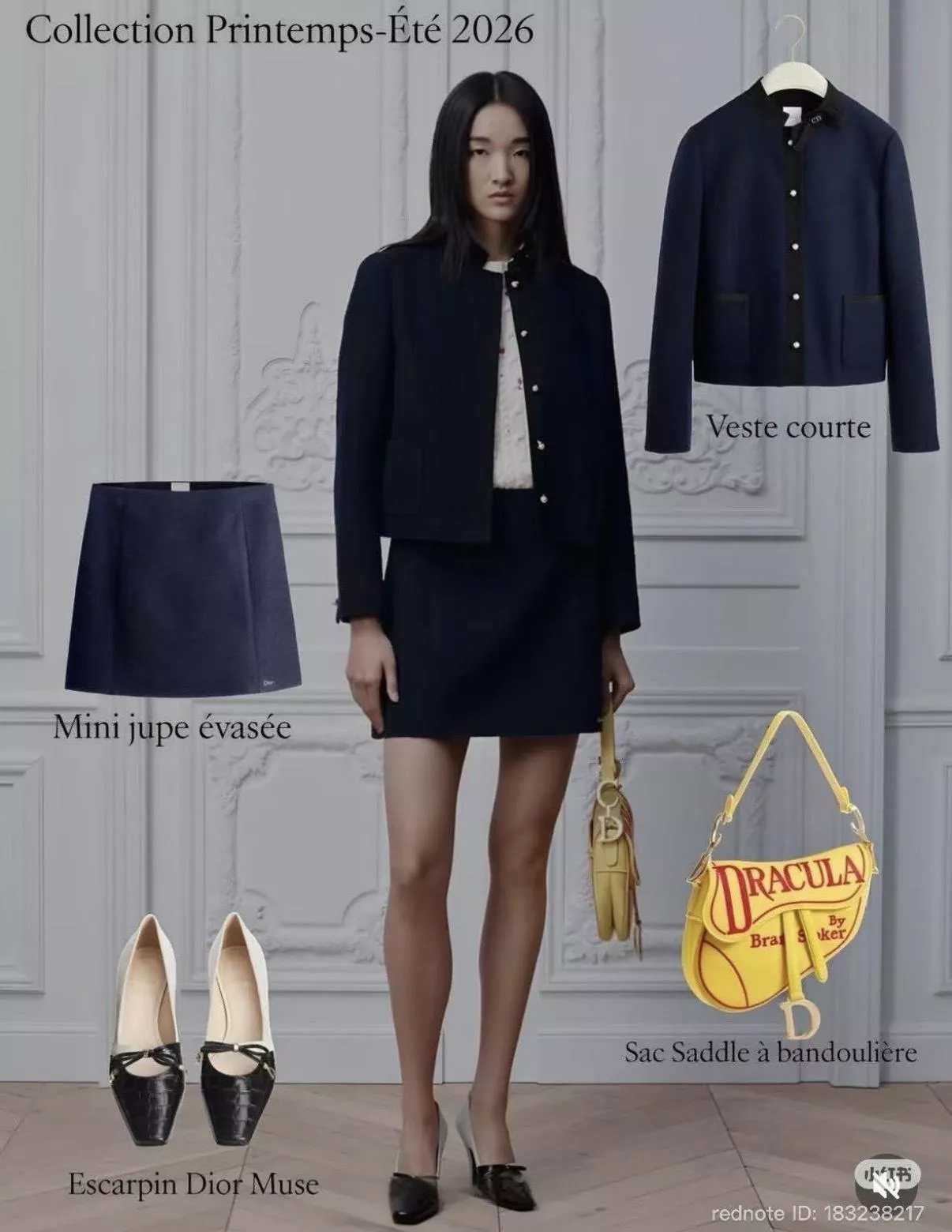 DIOR 藏藍蝴蝶結領短外套＋高腰A字短裙套裝｜氣質修身款｜36／38／40／42