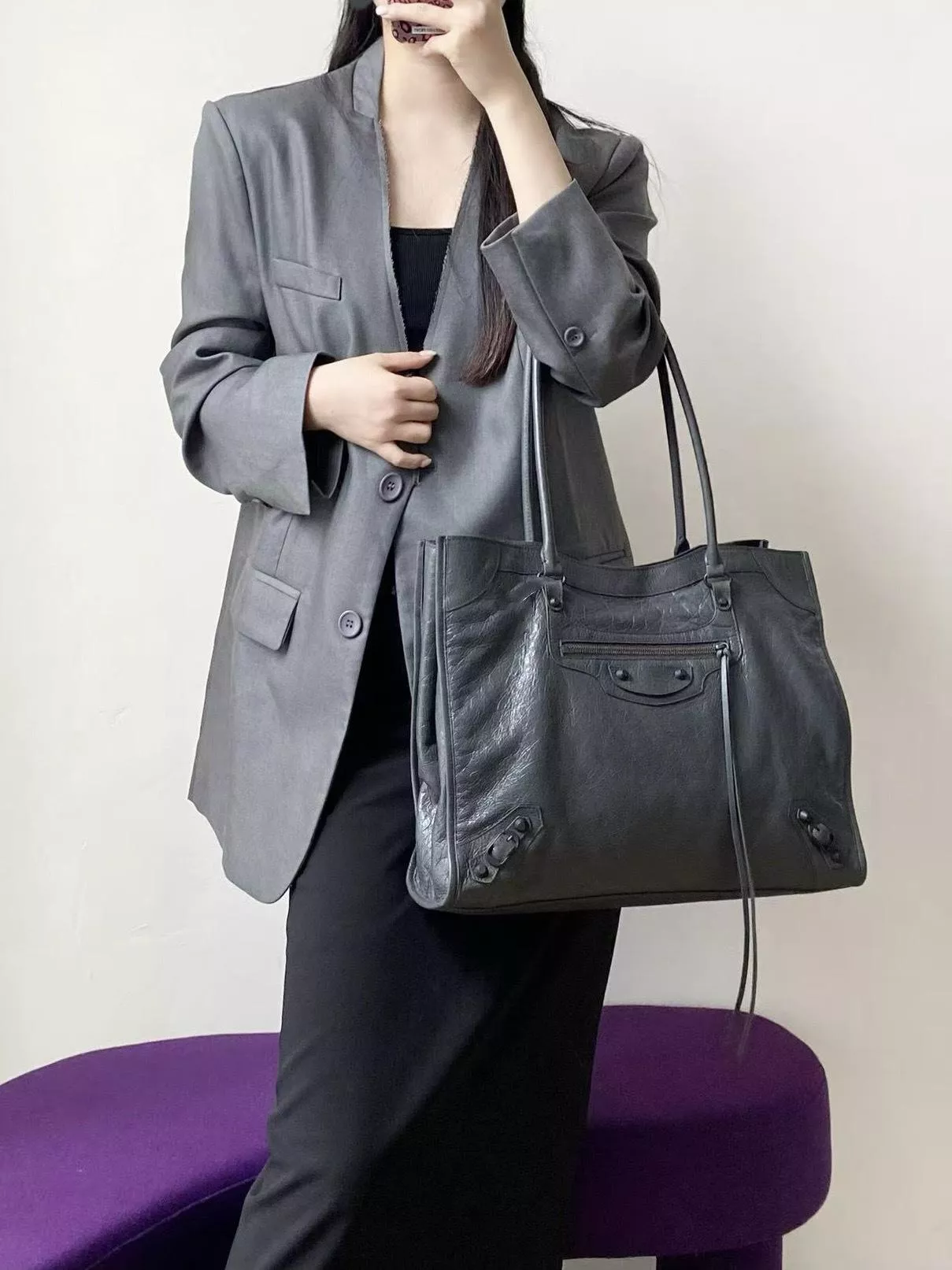 大號 岩灰色 LE CITY TOTE BAG 直式托特包｜油蠟皮 38cm