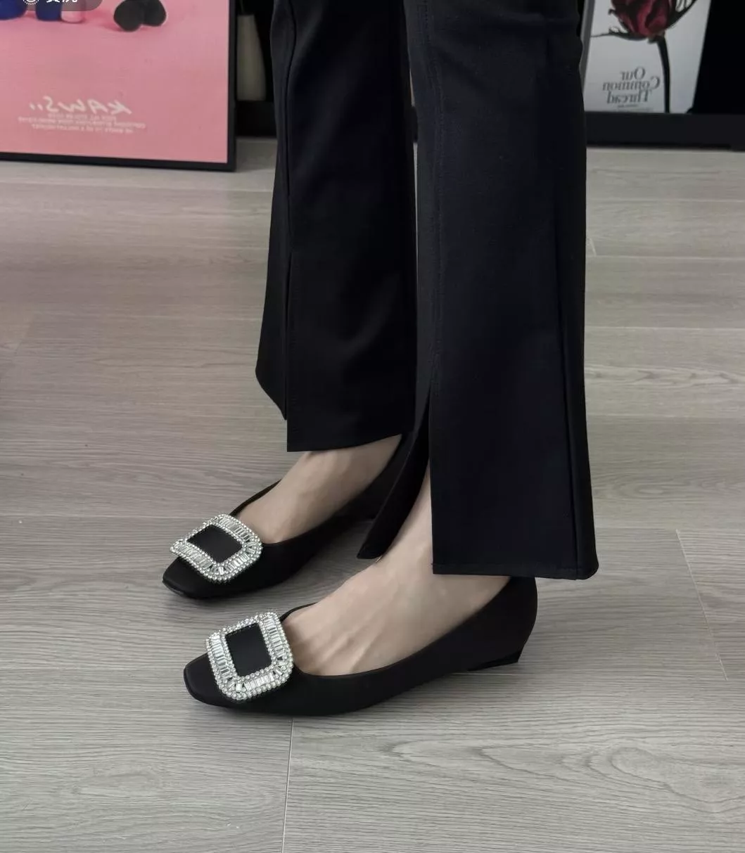 黑真絲 鑽釦低跟單鞋 2.5cm｜真絲氣質平底鞋 女35–40