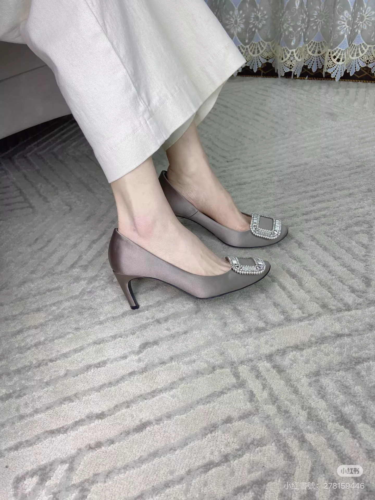 灰色真絲 圓頭鑽扣真絲高跟鞋 6.5cm｜氣質細跟婚鞋 女34–39