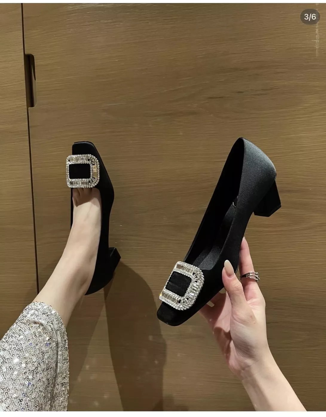 黑色 鑽扣真絲中跟單鞋 4.5cm｜氣質細跟單鞋 女34–40