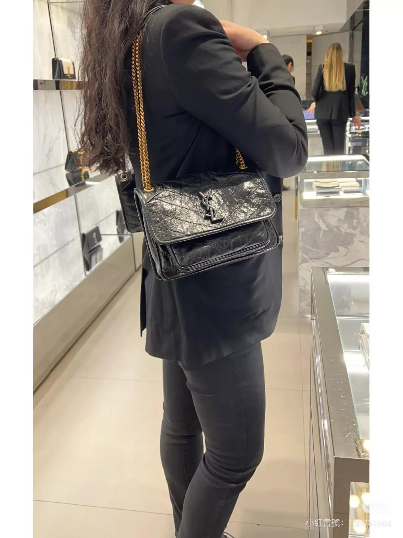 NIKI Baby 21cm 黑色/金鏈｜油蠟皮革肩背包/斜背包