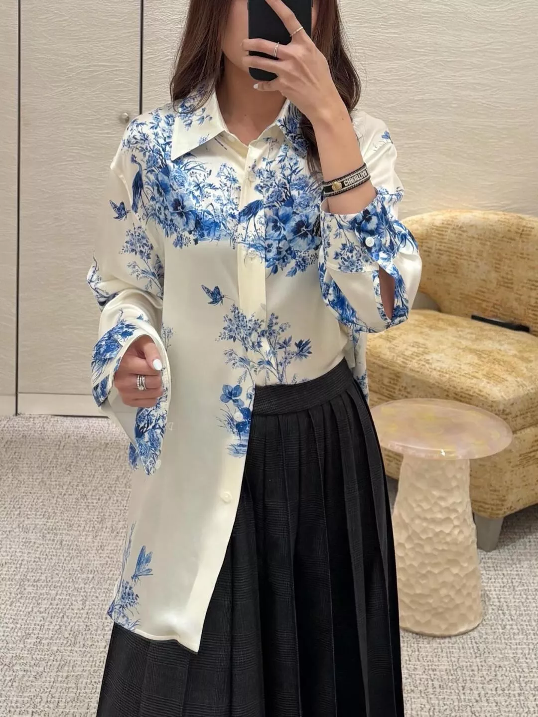 DIOR 藍白印花真絲感襯衫＋飄逸長裙套裝｜氣質女神款｜36／38／40／42