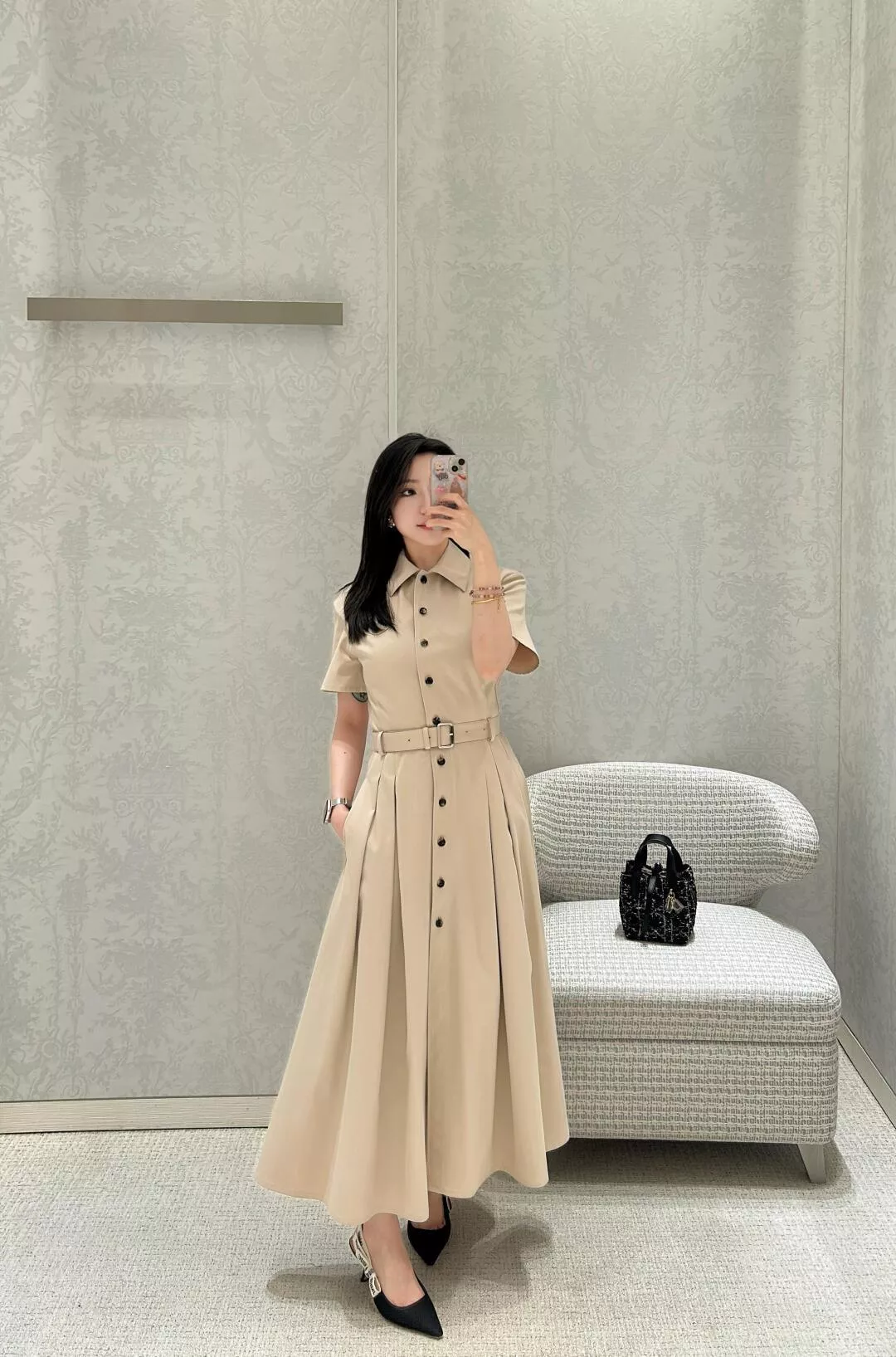 DIOR 卡其腰帶襯衫連衣裙｜顯瘦氣質款｜36／38／40／42