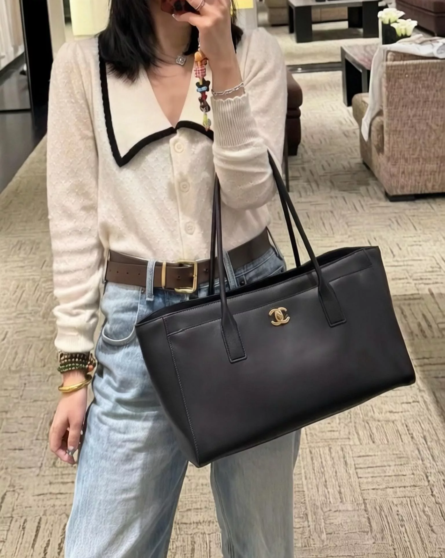 26S 極簡款 低調購物袋 黑色｜皮手柄托特包 39cm