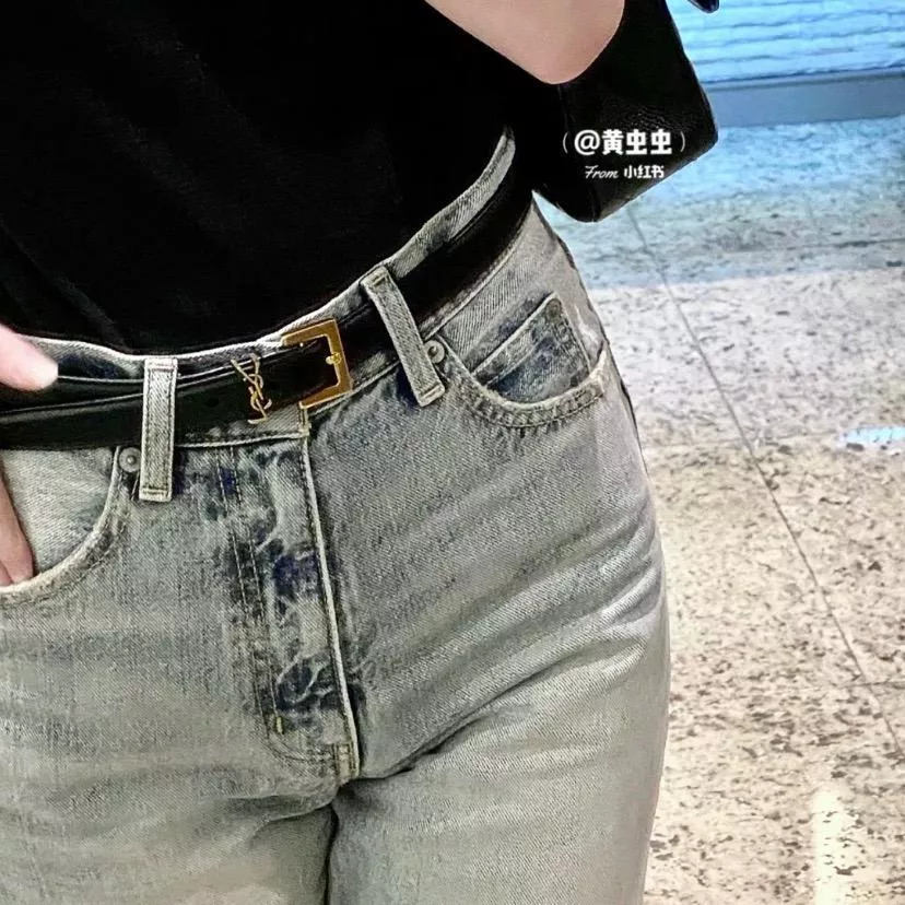 YSL 黑色復古金扣皮帶｜2cm 經典細版腰帶