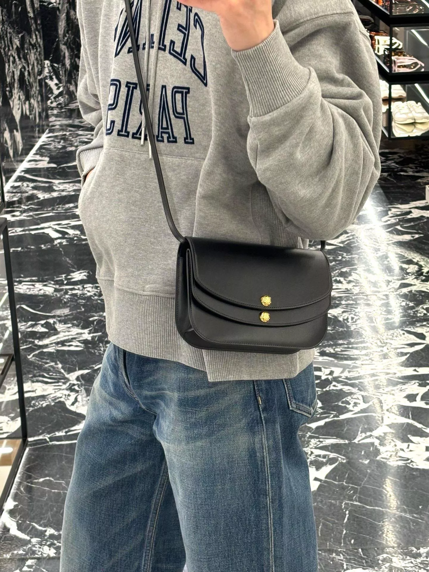 Duo Wallet｜黑色光滑牛皮革 法式極簡鏈條錢包 WOC 20cm