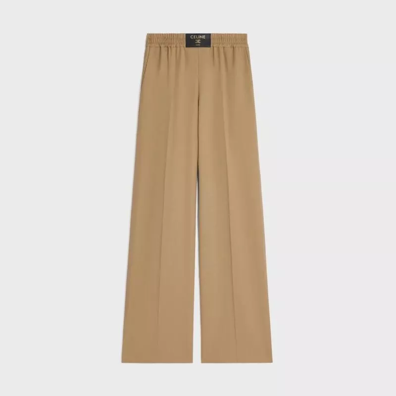 Celine 老花拼接米咖色羊毛寬褲｜高腰垂墜休閒西裝褲｜36／38／40