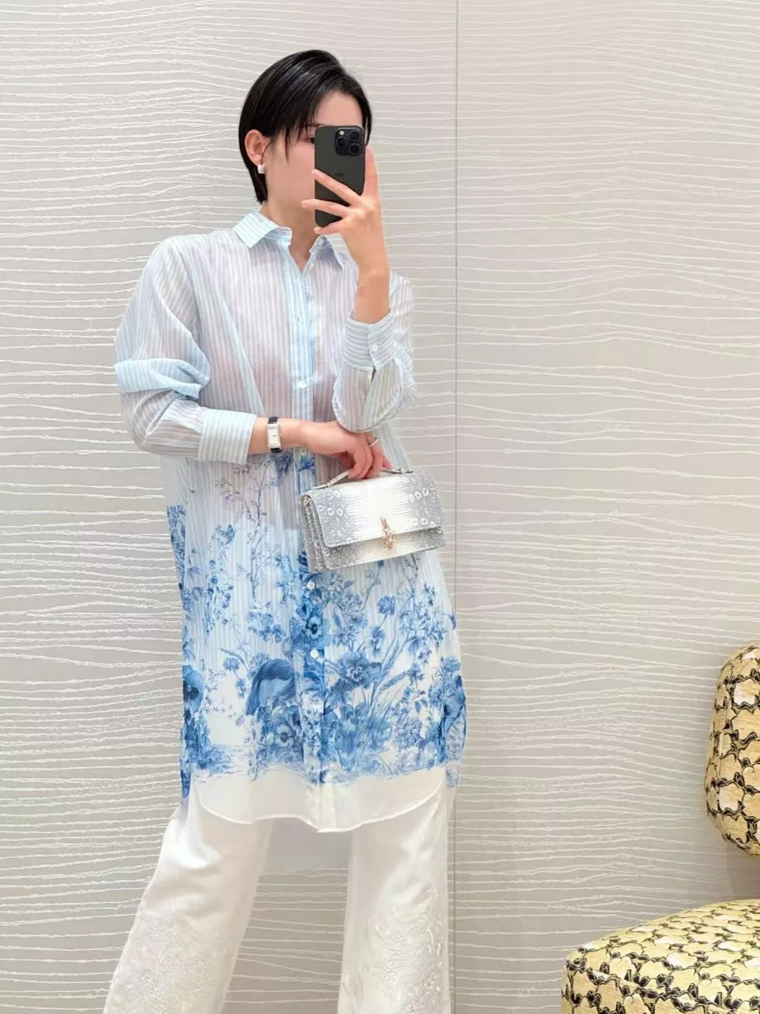 DIOR 藍白條紋花卉長版襯衫｜翻領寬鬆襯衫｜36／38／40／42