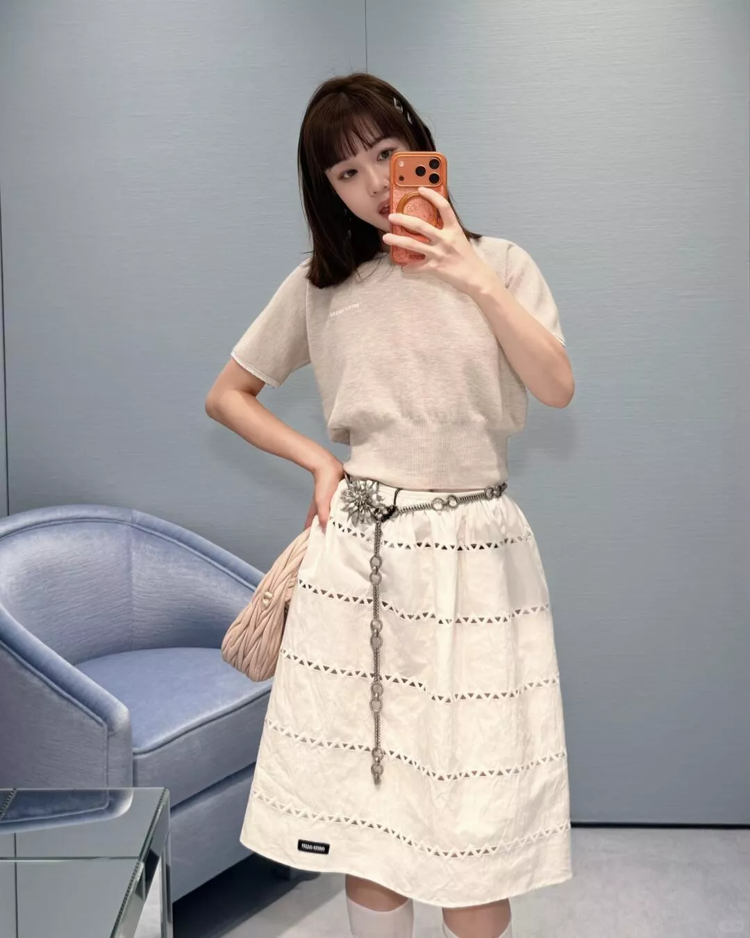 Miumiu 燕麥色蕾絲滾邊短版針織上衣｜U領短袖針織衫｜36／38／40
