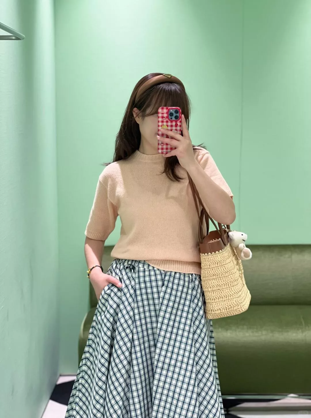 PRADA 藍灰格紋鬆緊腰A字半身裙｜復古清新中長裙｜36／38／40