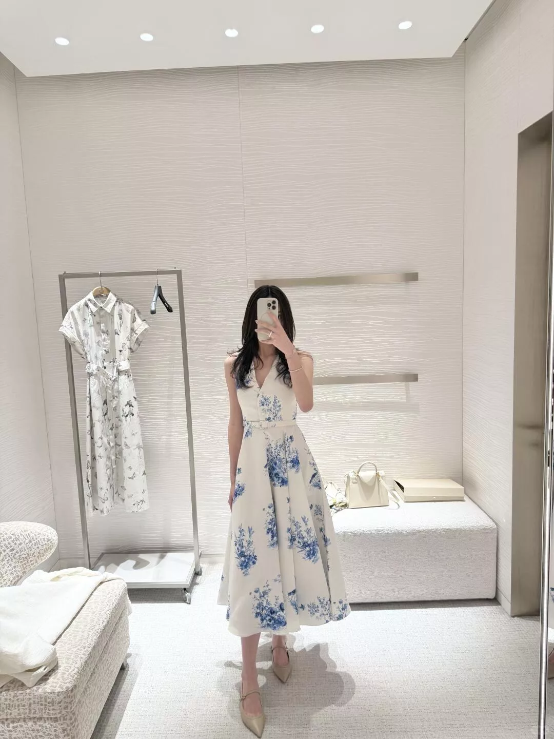 DIOR 青花瓷印花無袖收腰長洋裝｜V領真絲連身裙｜36／38／40／42