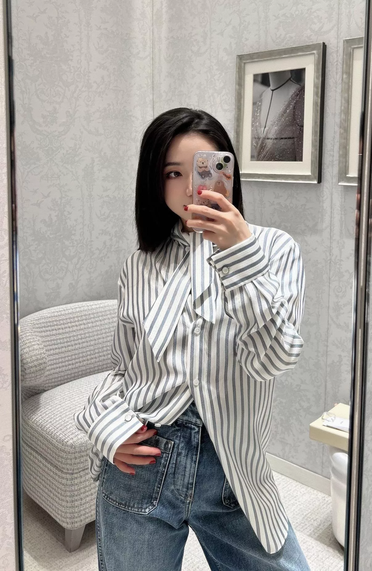 DIOR 灰白條紋領結真絲襯衫｜飄帶領長袖襯衫｜36／38／40／42