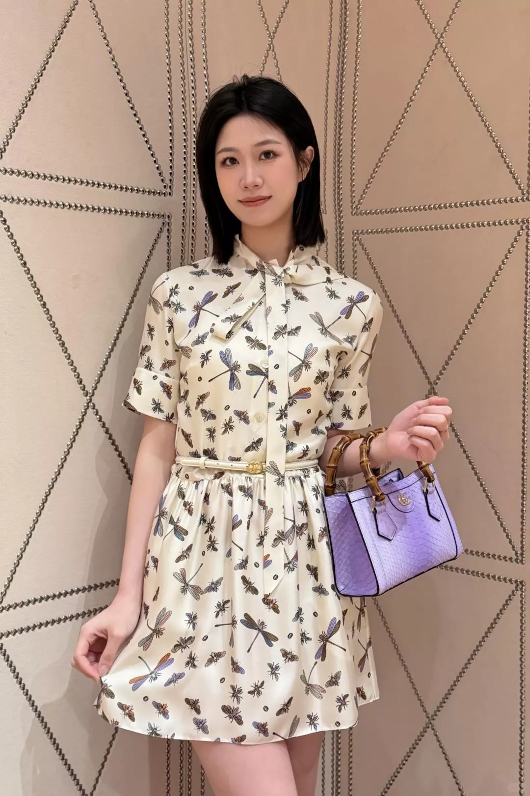 GUCCI 蜻蜓花卉印花真絲領結腰帶連衣裙｜36／38／40／42
