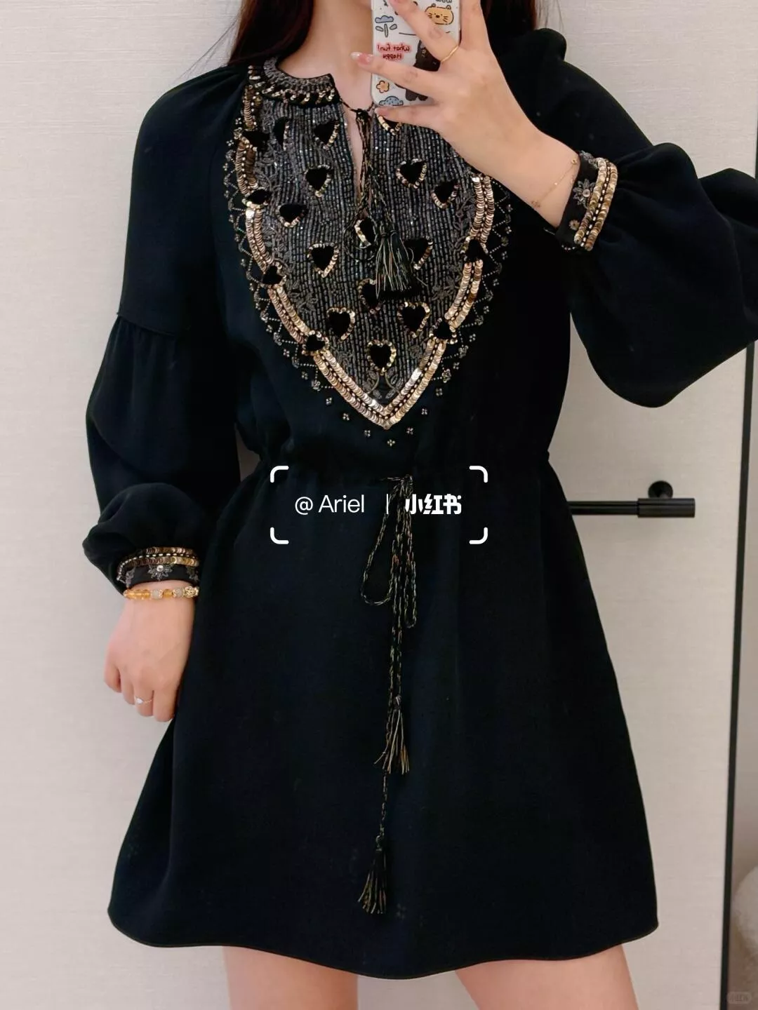 Valentino 桃心珠飾刺繡真絲洋裝 絲絨流蘇綁帶長袖禮服洋裝 36/38/40/42
