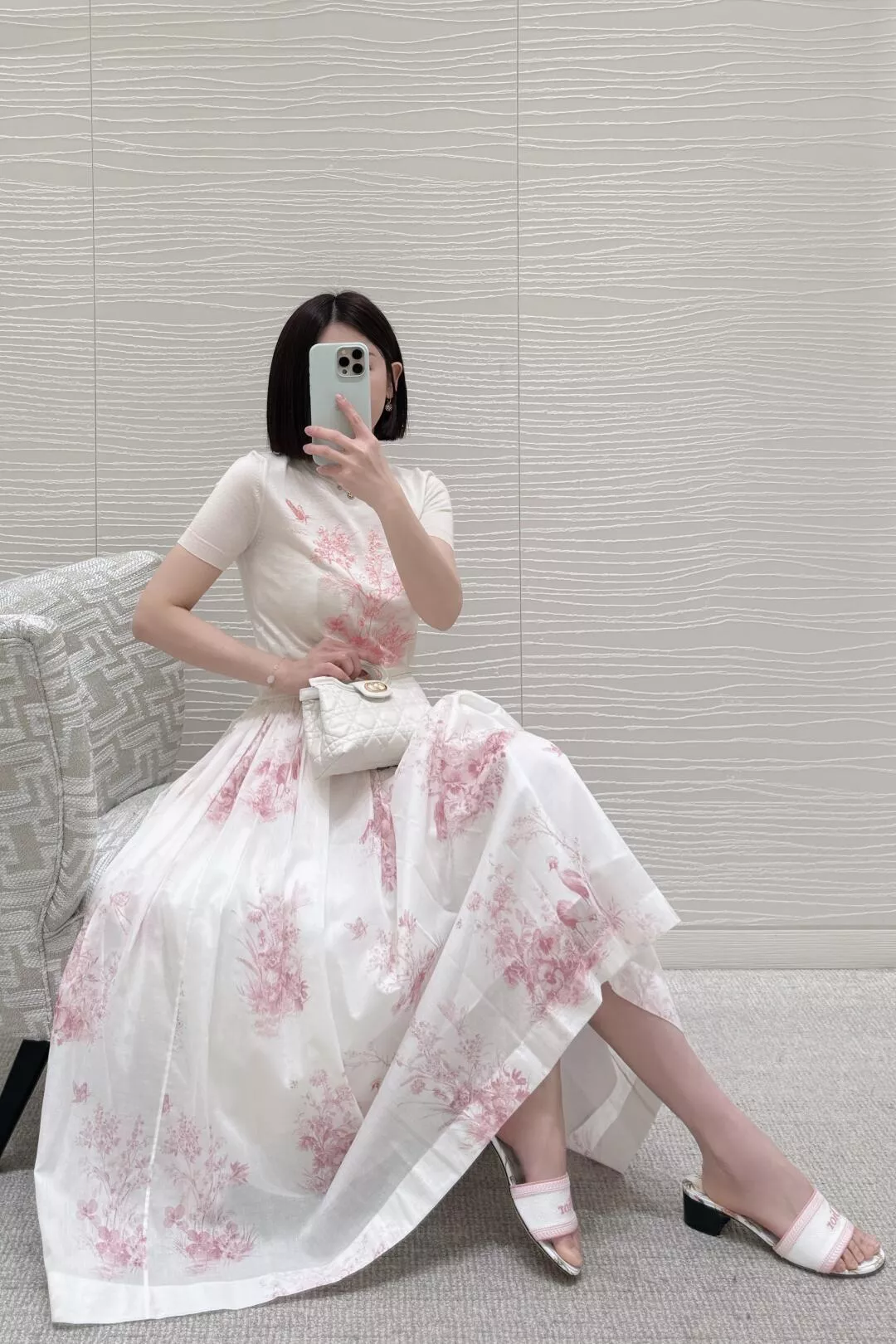 DIOR 26W 粉色花鳥印花絲棉套裝 飄逸襯衫＋鬆緊腰大擺半身裙 中式優雅風 36/38/40/42