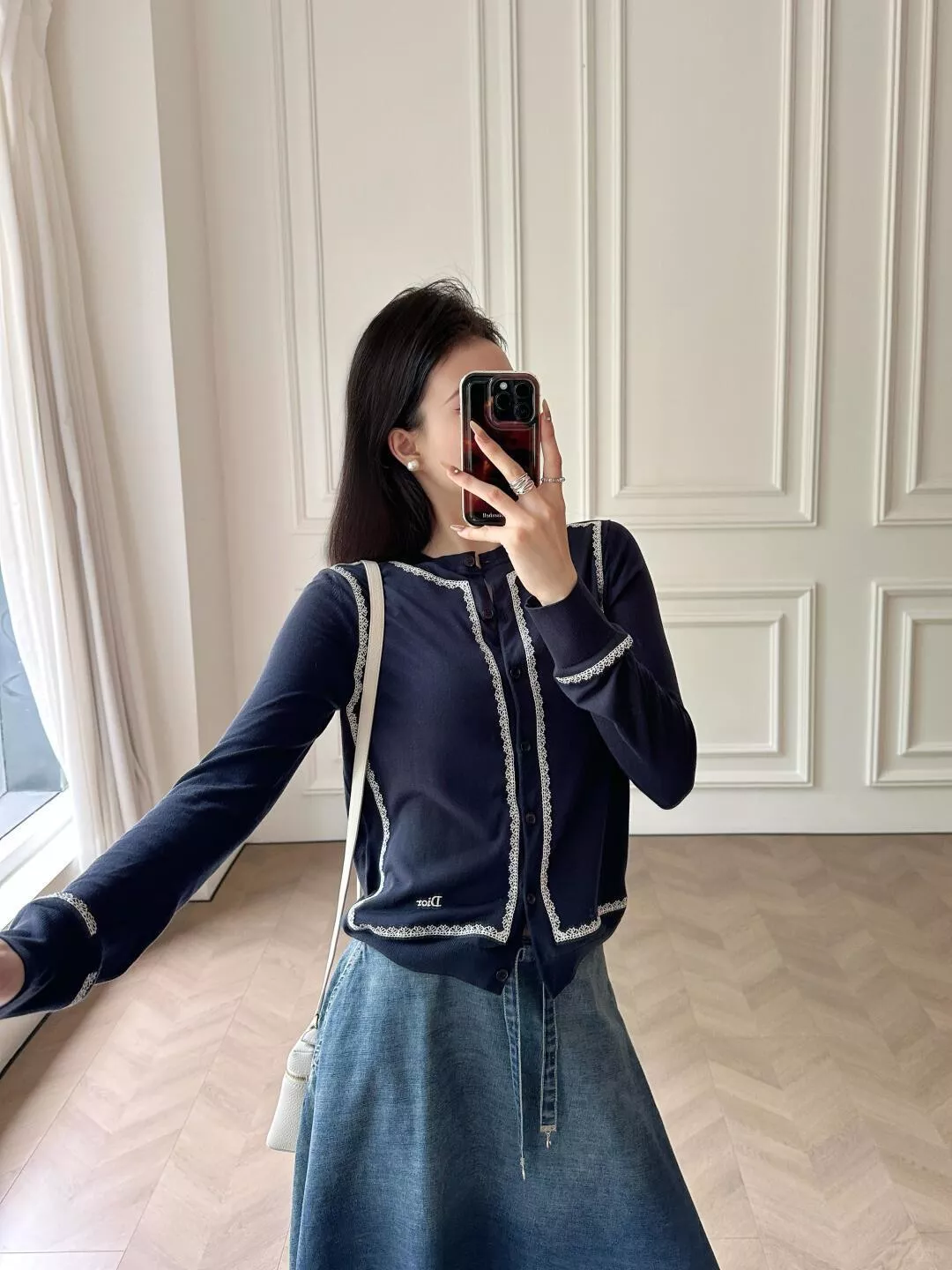 DIOR 藏藍蕾絲滾邊真絲針織開衫 圓領長袖珍珠釦外套 36/38/40
