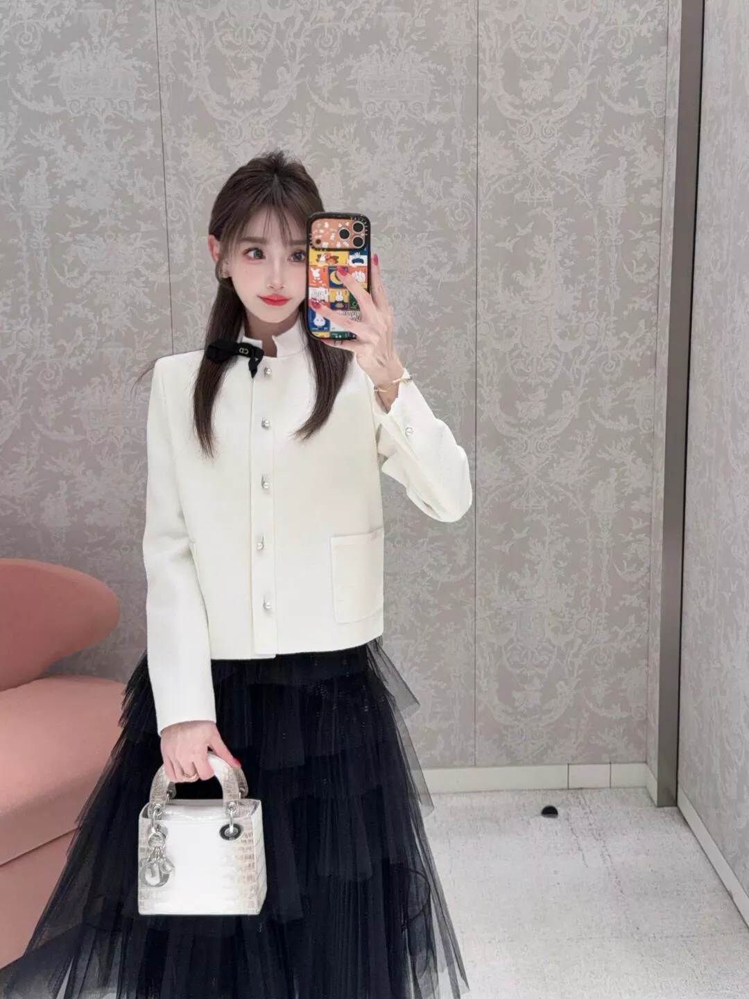 DIOR 蝴蝶結領針織外套 米白色短版開衫 名媛氣質針織小外套 優雅通勤款 36/38/40