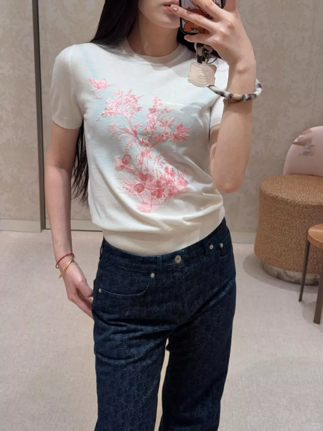 DIOR 粉色花卉蝴蝶刺繡針織上衣 冰絲真絲混紡短袖針織衫 法式優雅圓領上衣 36/38/40