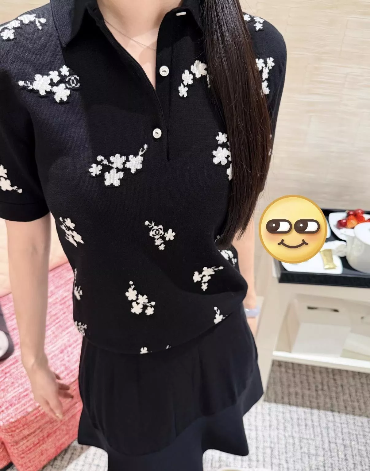 CHANEL 黑色碎花翻領針織Polo上衣 五分袖針織衫 36/38/40