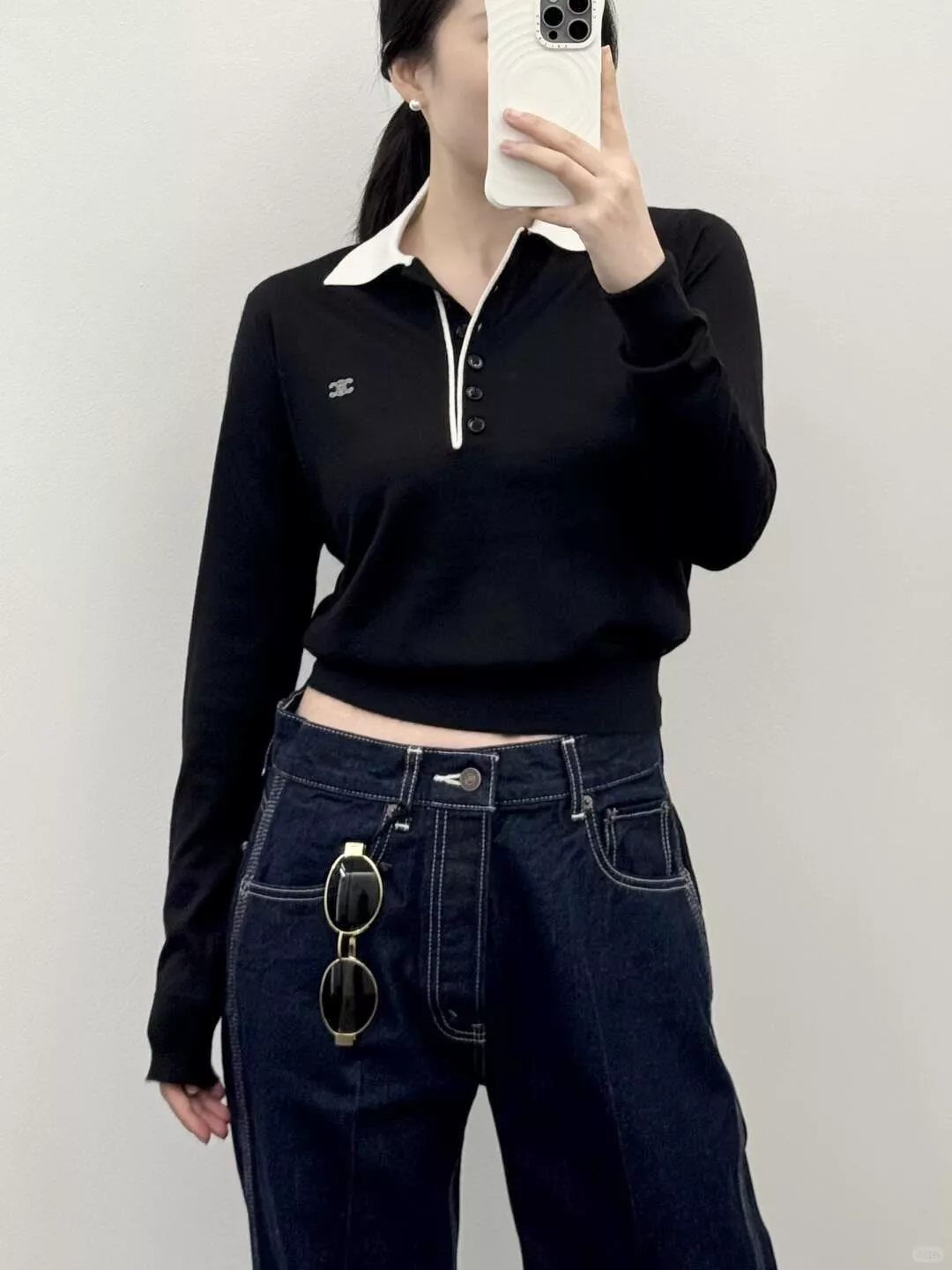 CELINE 黑白撞色翻領羊絨真絲針織Polo上衣 36/38/40