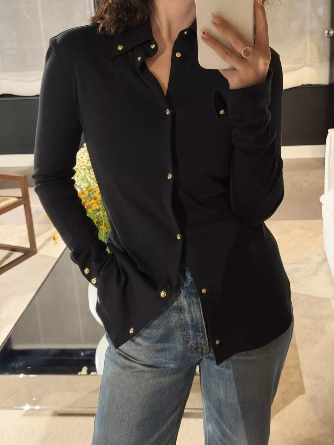 CELINE 黑色凱旋金扣修身長袖襯衫 36/38/40