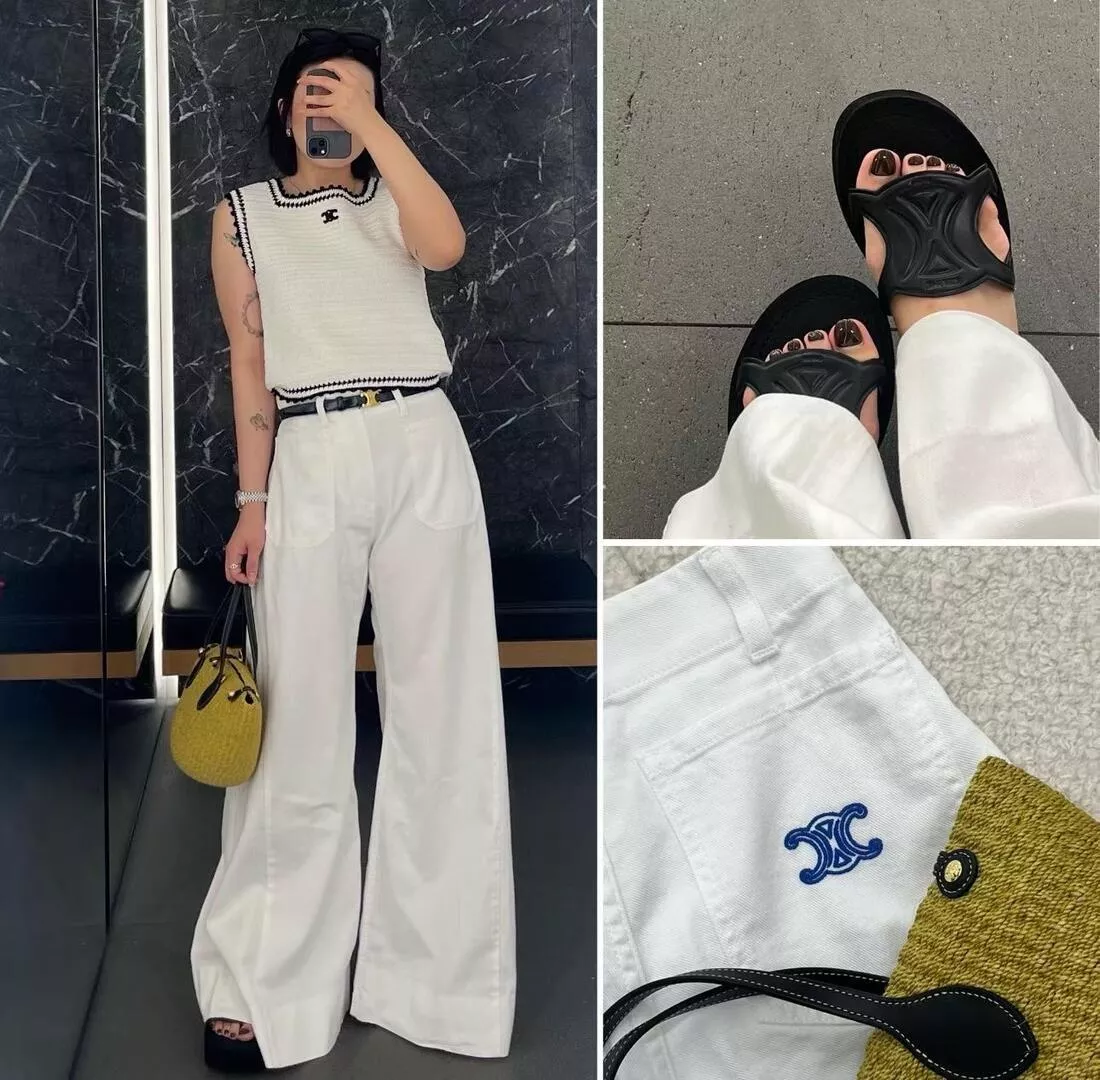 CELINE 黑白撞色凱旋刺繡鏤空針織背心 36/38/40