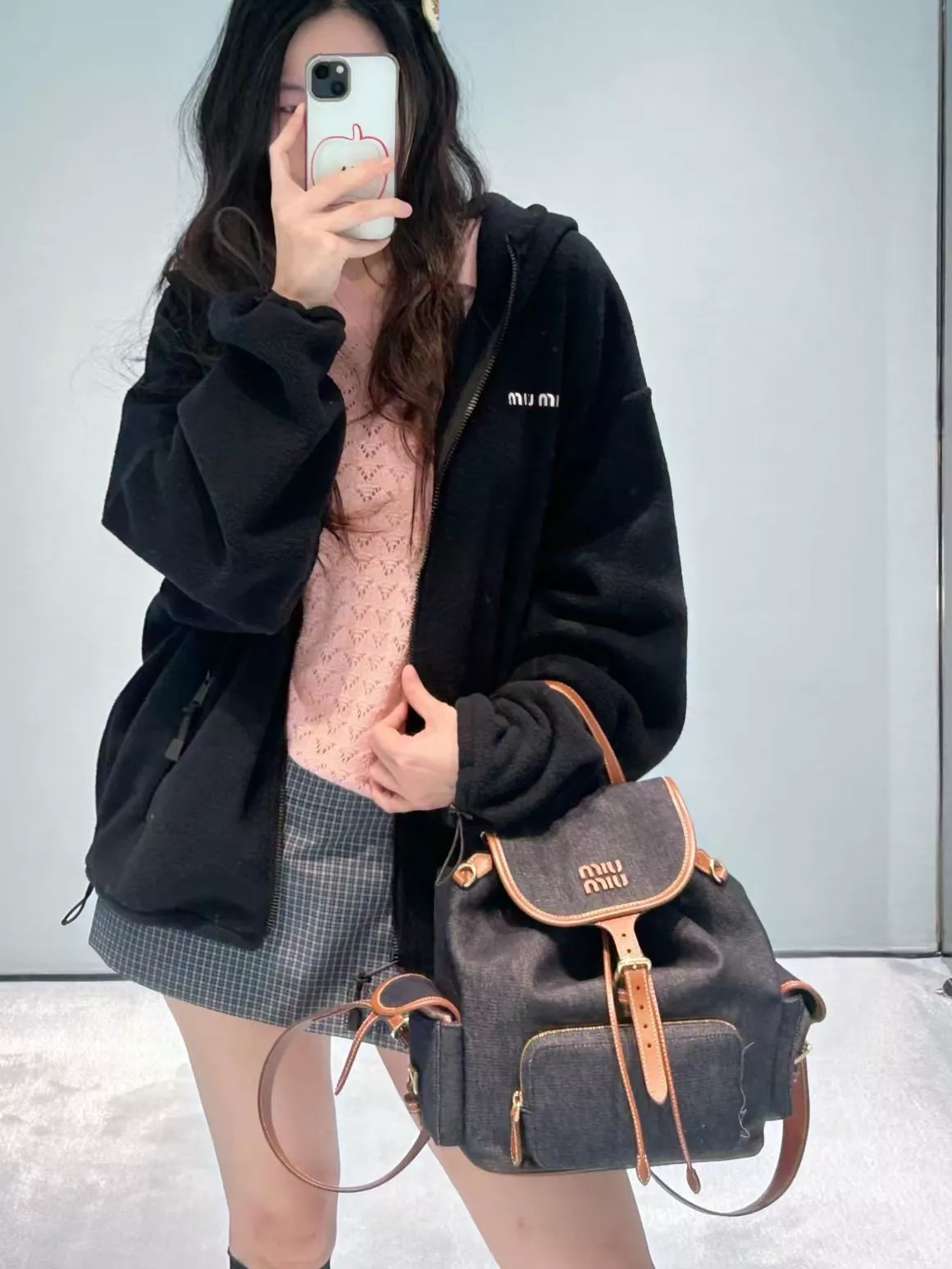 大號｜Denim Backpack｜丹寧牛皮革拼接雙肩包 後背包 25cm 5BZ042