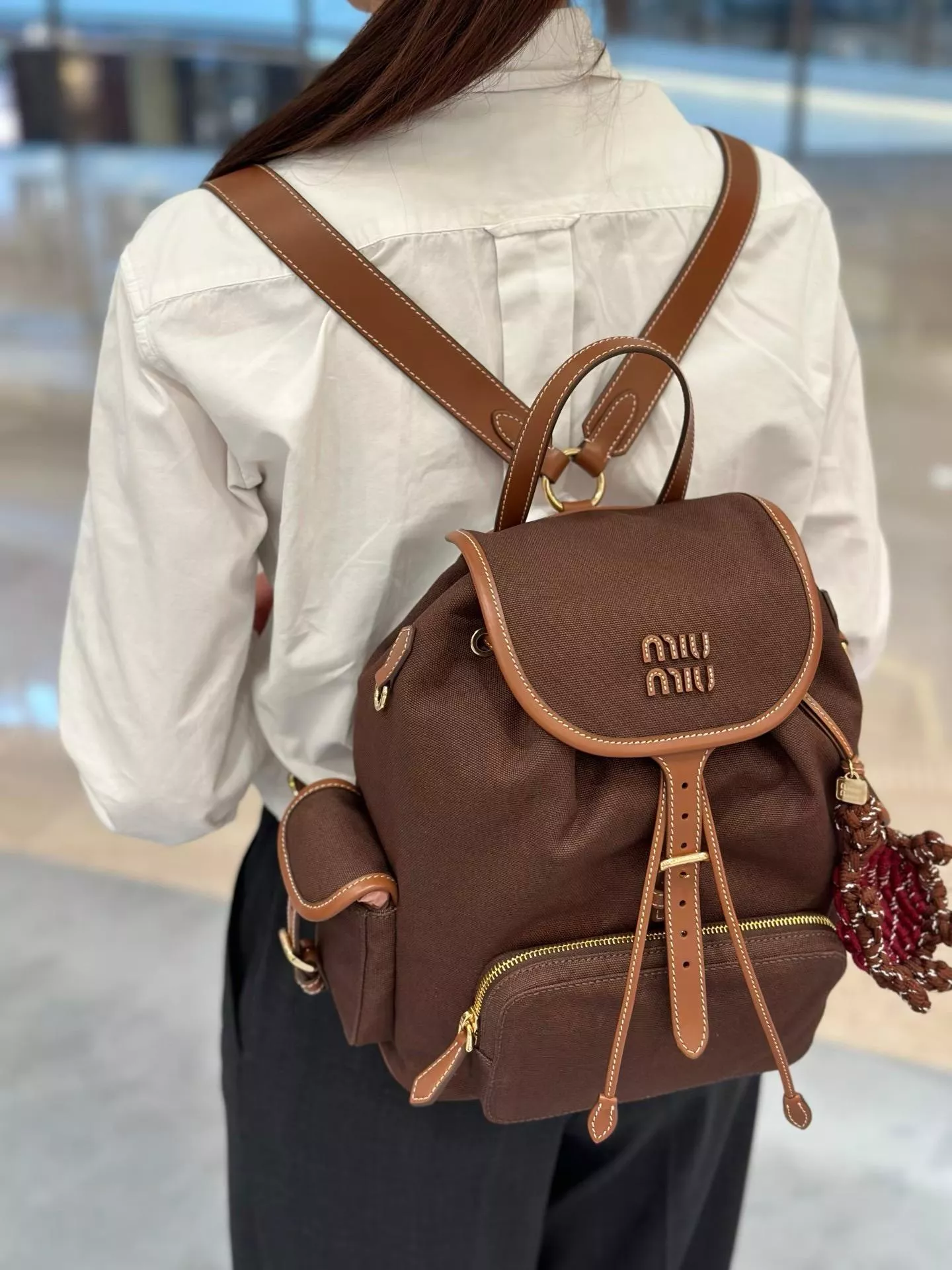 大號｜Denim Backpack｜可可棕 牛皮革拼接帆布雙肩包 後背包 25cm 5BZ042