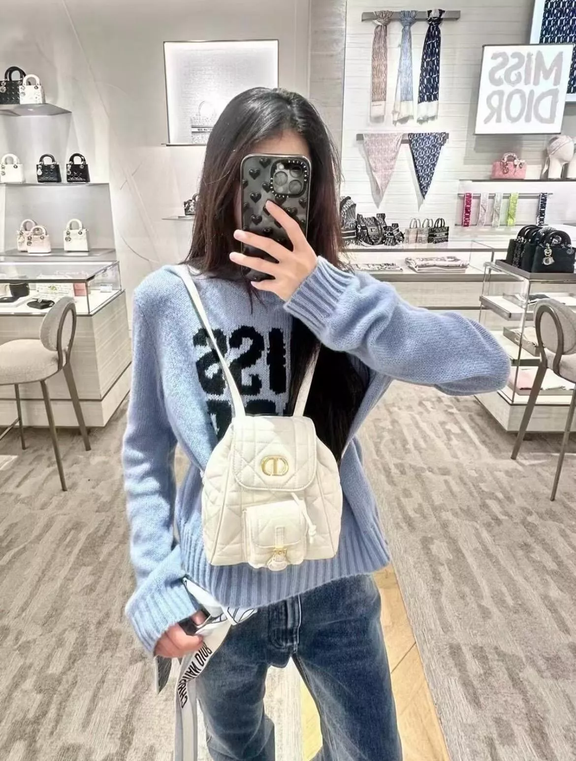 小號 20cm｜CARO Backpack｜小羊皮 奶白色藤格紋後背包